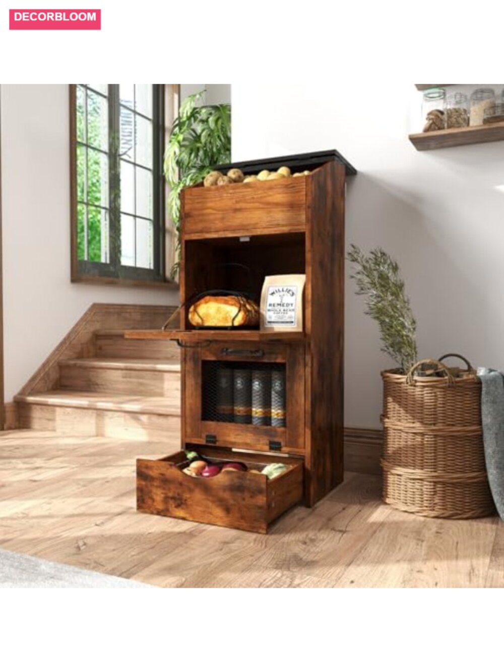 4-Tier Wood Bread Box Potato Onion Storage Bin Pull-Out Drawer 16"